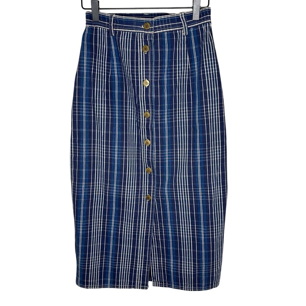 Vintage Ashleigh Morgan Plaid Midi Skirt 6 Blue White Button Down Grunge 90s